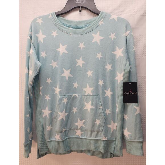 Cuddl Duds Sweaters - Cuddl Duds Sweater Womens XS Green Stars Print Pullover Kangaroo Pouch Pockets